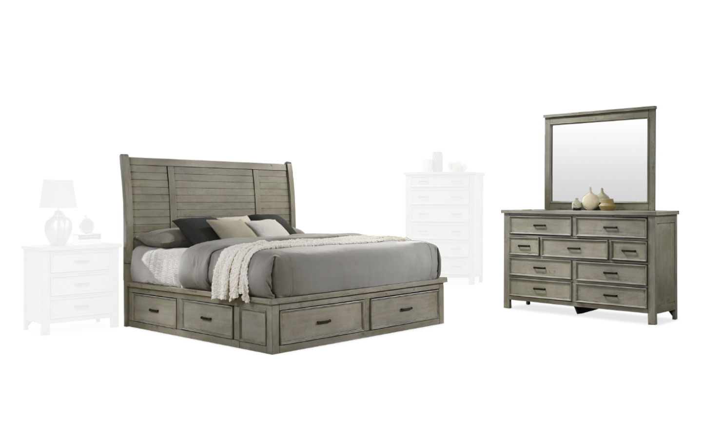 Sullivan Bedroom Set Bed, Dresser & Mirror Queen Size Gray