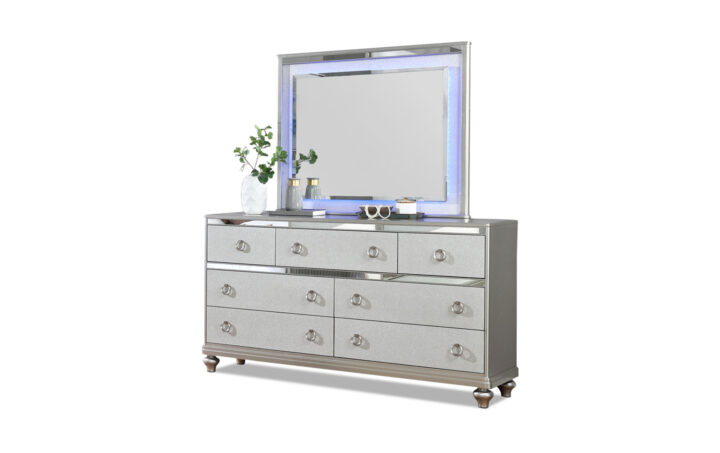 silver nightstand and dresser New Classic Bedroom VALENTINO 4 Piece Set - Queen Bed, Dresser, Lighted Mirror, Nightstand