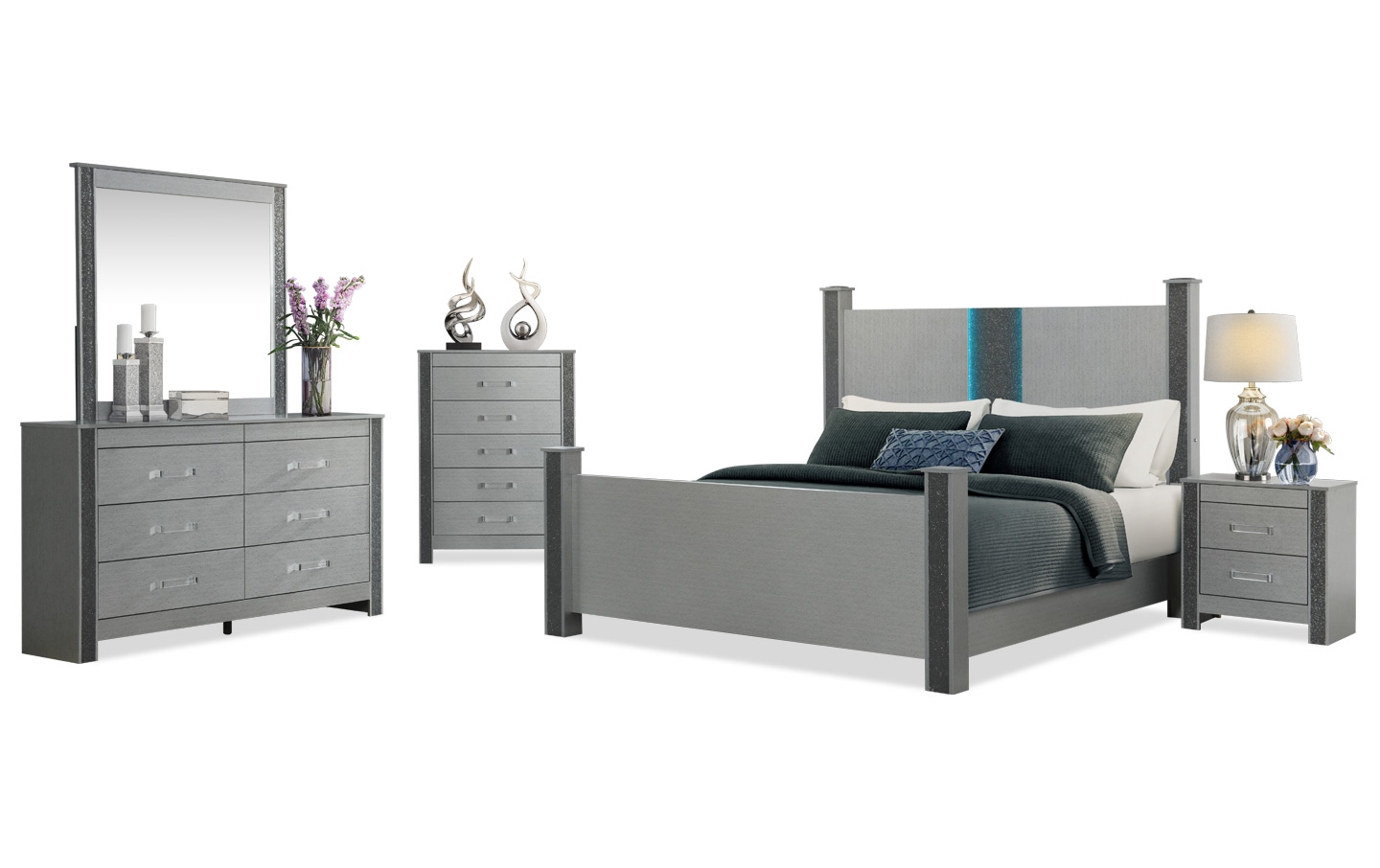 silver nightstand and dresser set Rosdorf Park Silver LED Upholstered Queen Bedroom Set