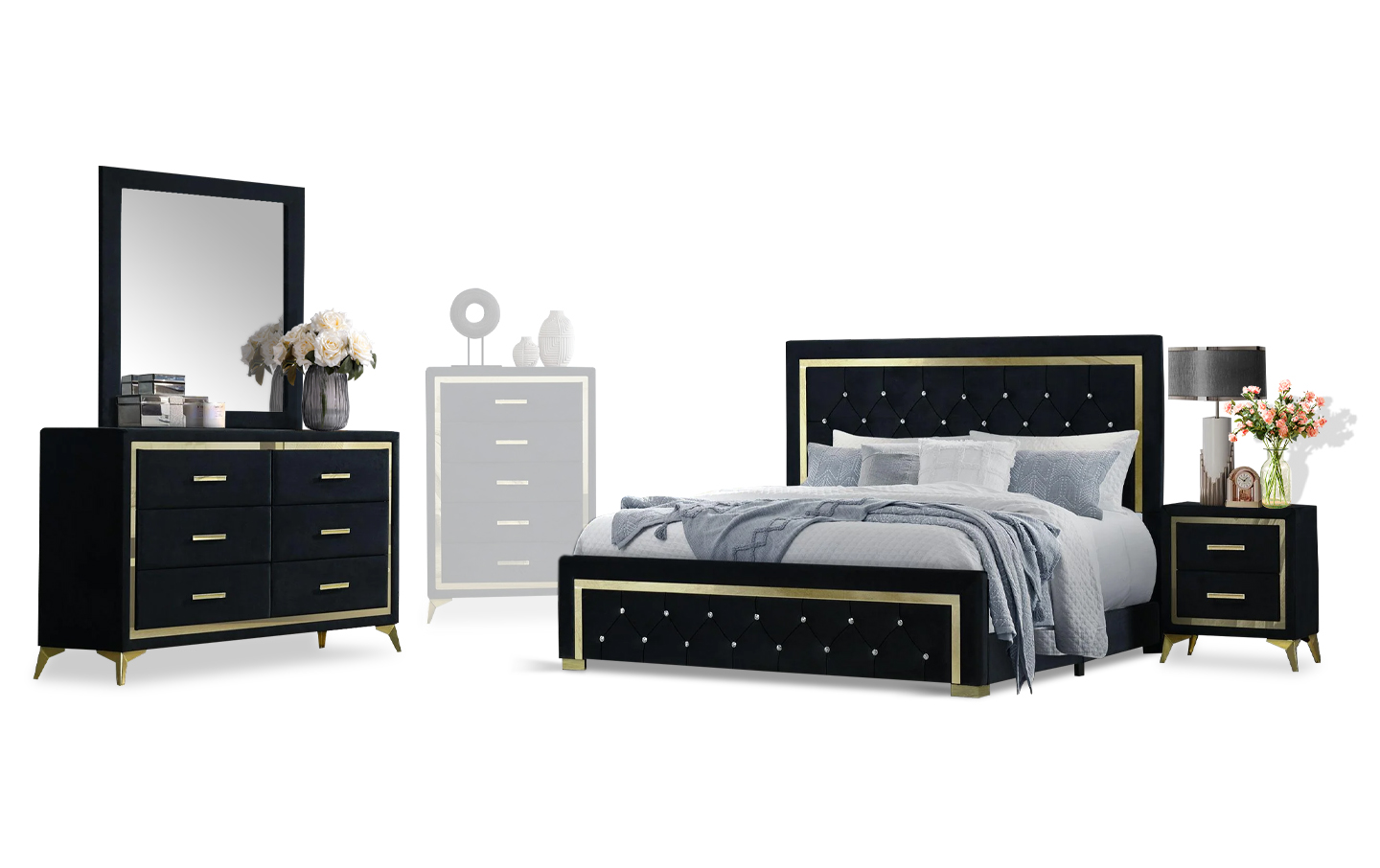 Kingdom Bedroom Set Bed, Dresser, Mirror & Nightstand Full Size Black