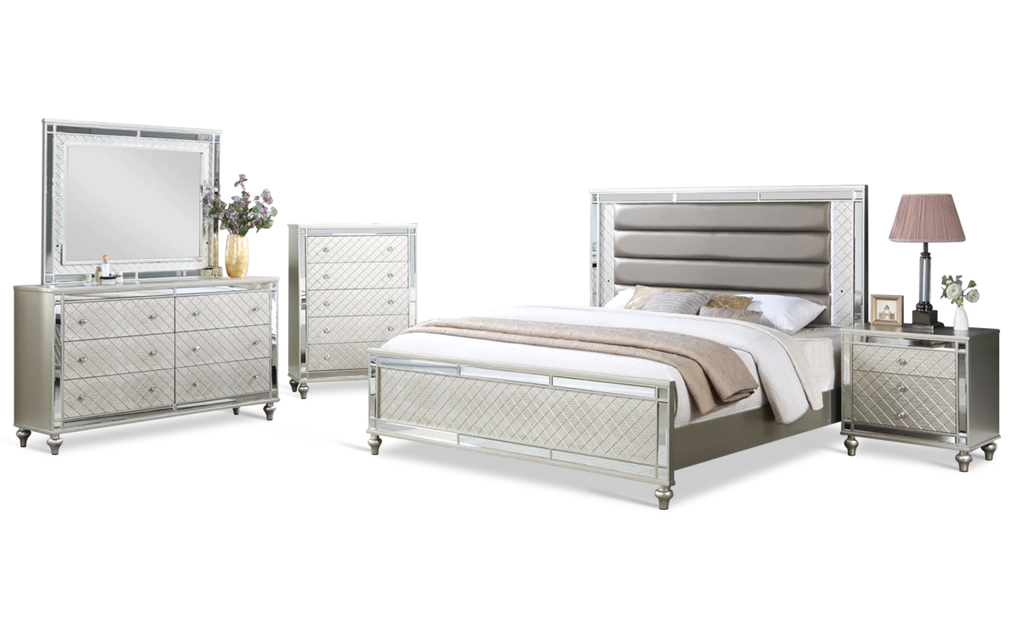 Christian Bedroom Set Bed, Dresser, Mirror, Chest & Nightstand Queen Size Beige