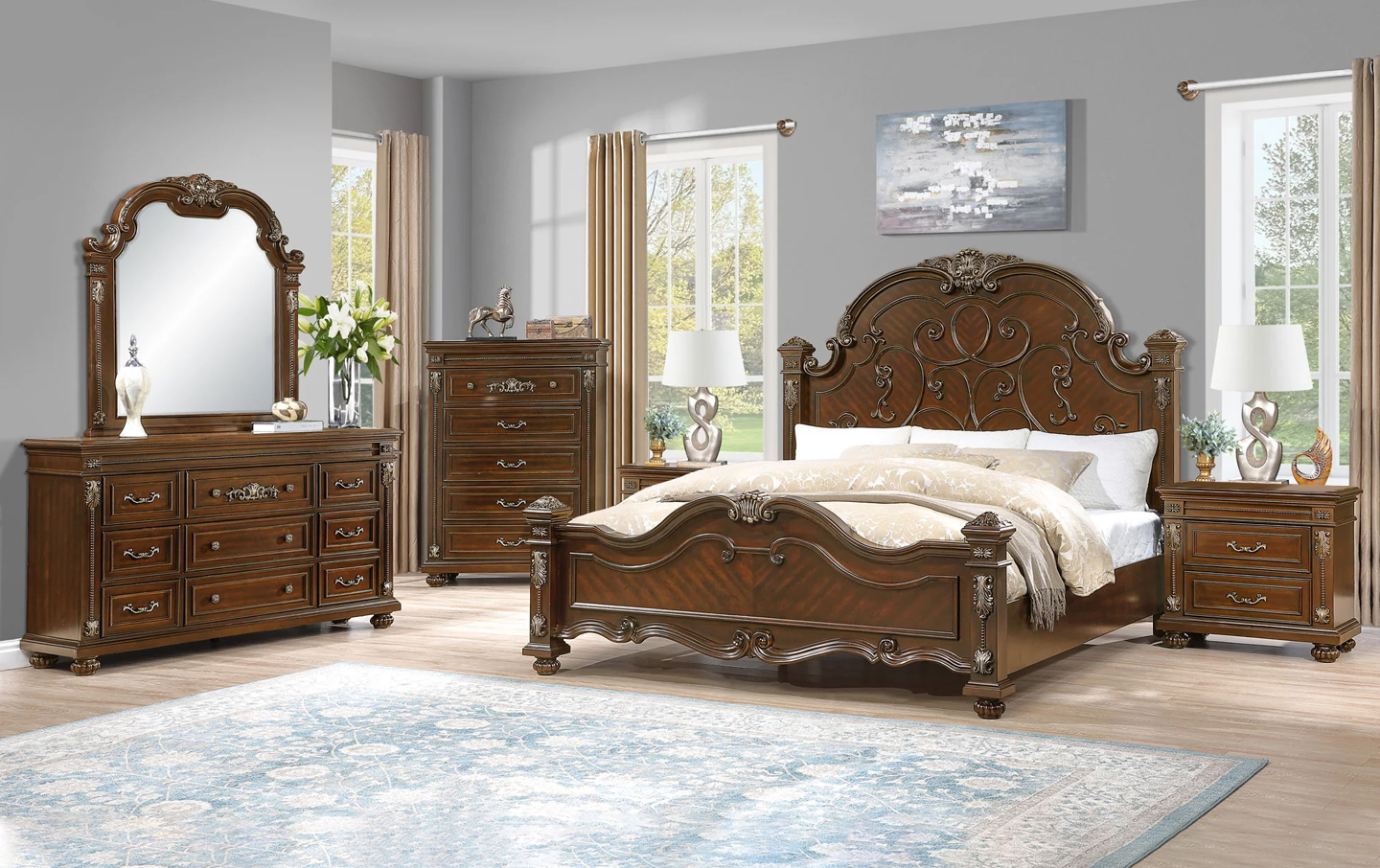 Isabella Bedroom Set Bed, Dresser, Mirror, Chest & Nightstand King Size Cherry
