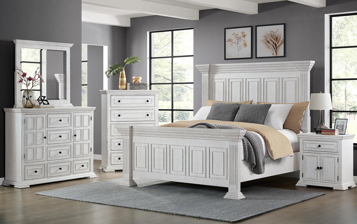 Free Delivery & Free Setup | Heather Bedroom Set Rustic White King Size Bed, Dresser, Mirror, Chest & Nightstand Furniture Sale | Furniture Mecca Free Delivery & Free Setup | Heather Bedroom Set Rustic White King Size Bed, Dresser, Mirror, Chest & Nightstand Furniture Sale | Furniture Mecca