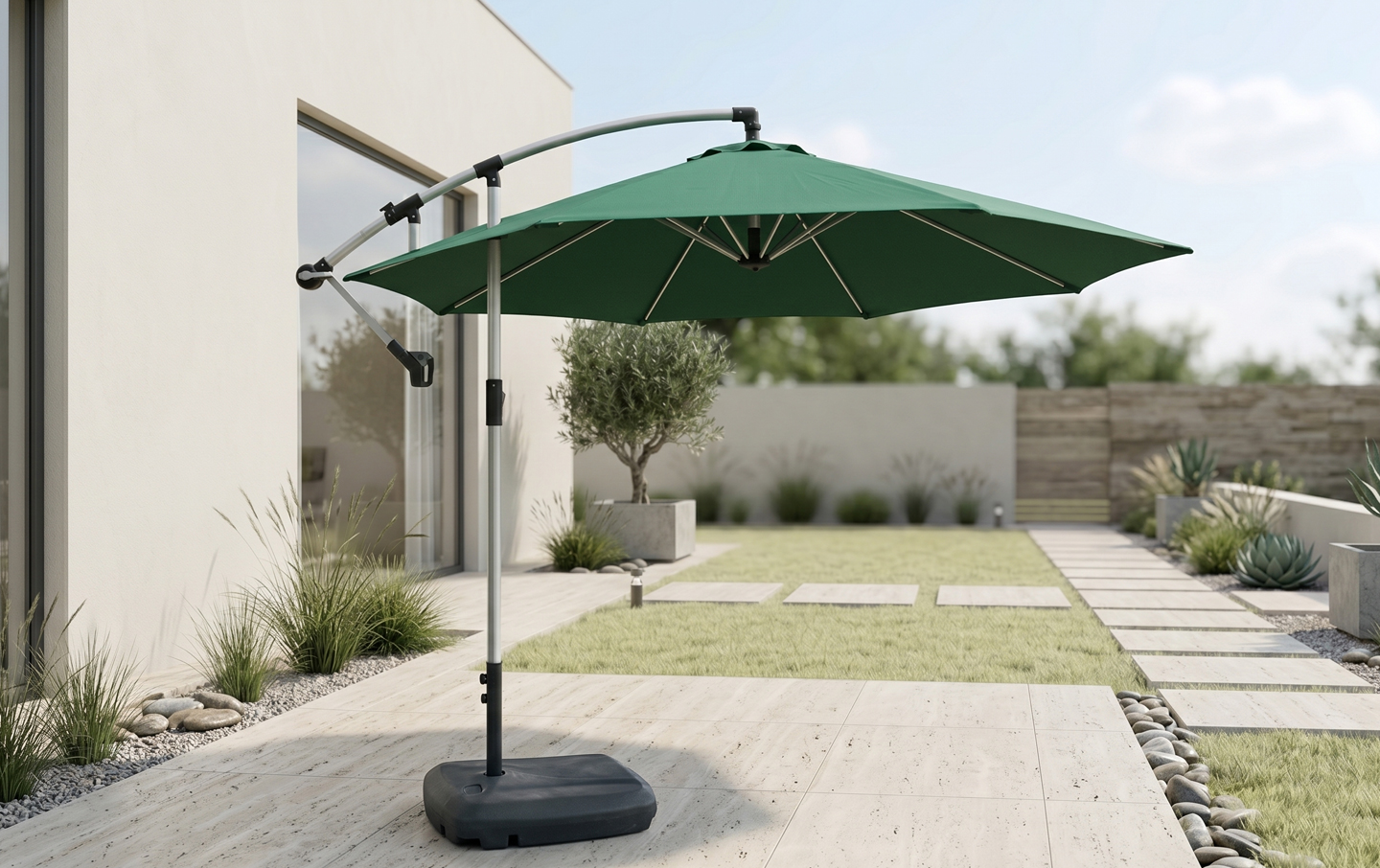 cantilever patio umbrella with wheeled base 11x9 ft Aluminum Dual Top LED 10 FT x 10 FT Base Elvaro Aluminium Cantilever Umbrella with