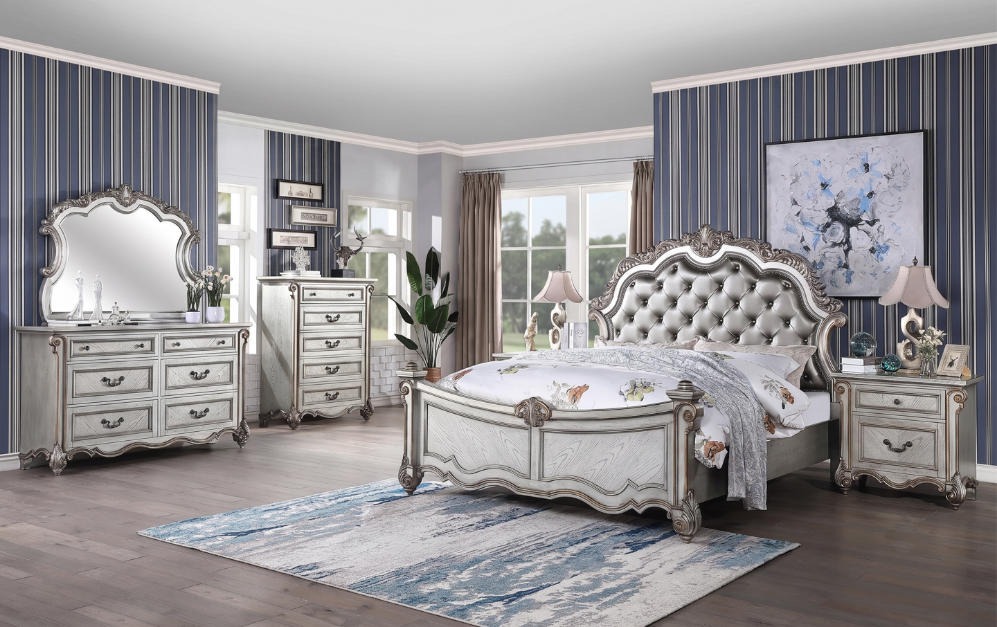 silver dresser and nightstand set GLAM BEDROOM PLATFORM (V) Silver Finish Silver Bedroom Set With LED