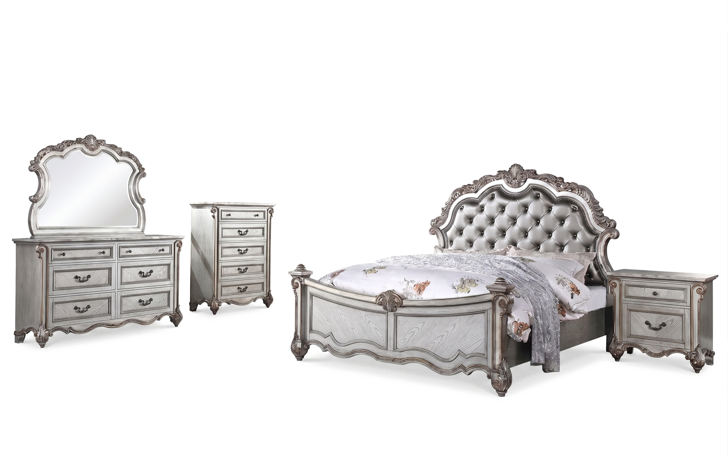 silver dresser and nightstand set GLAM BEDROOM PLATFORM (V) A matching mirror with notched edge designs completes a Hollywood glam look Silver Bedroom Set With LED